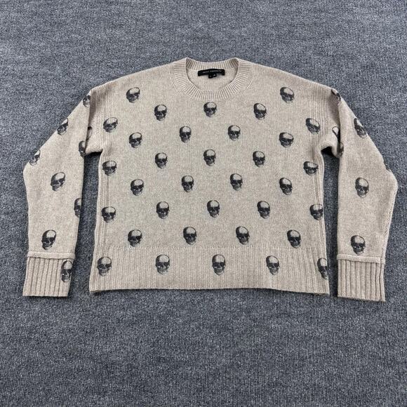 Skull Cashmere Sweater Womens Small Intarsia Skull Print Cream Crewneck Knit - Picture 2 of 11